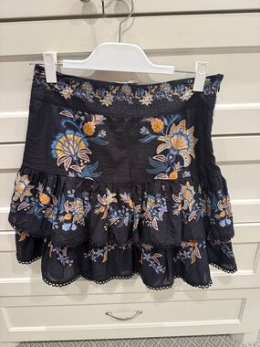 FARM Rio Black Mini Skirt with Blue & Yellow Floral Embroidery